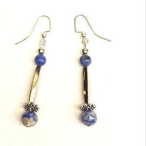 Long Sodalite and Silvertone Beaded Earrings